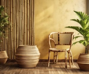 Generative AI, Eco wooden room with plants with natural furniture, boho ethnic chic style interior design